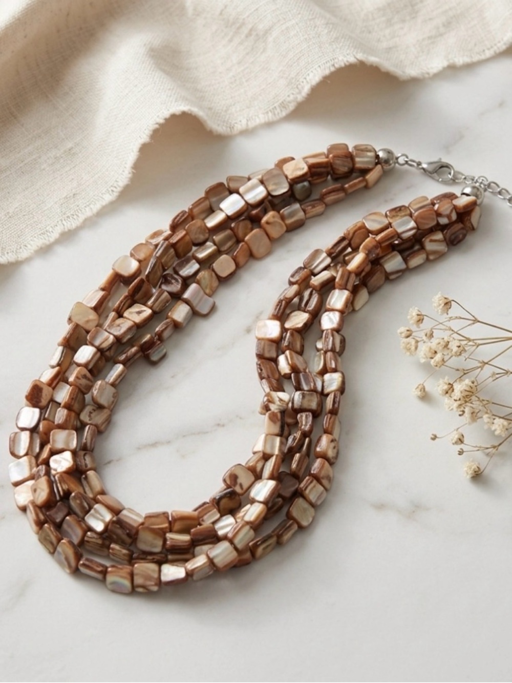 VTG Multi-Strand Shell Statement Necklace - Cognac Brown Mother of Pearl Boho